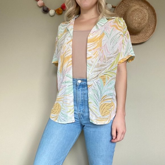 Vintage Tops - Vintage Copycats Colorful Tropical Palm Leaves Button Up Short Sleeve Top